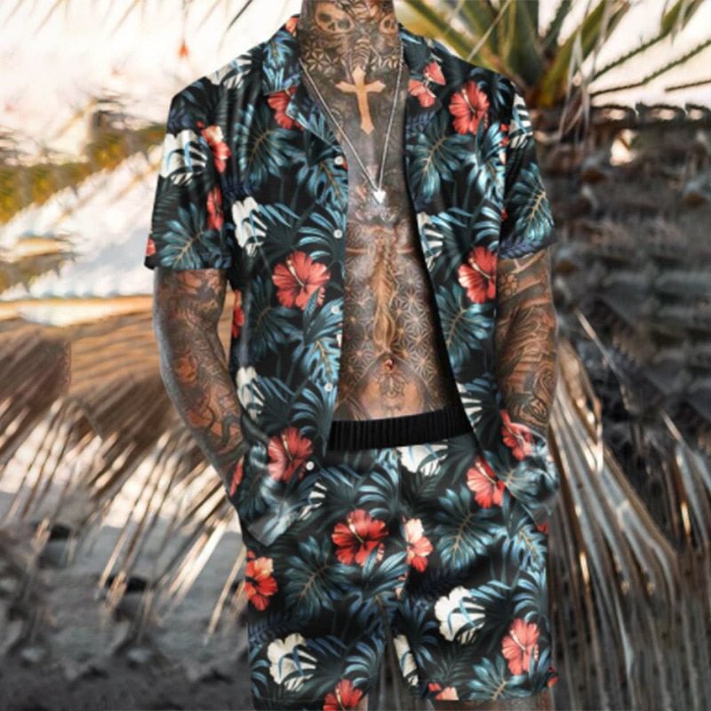 New Hawaiian Mens Printing Set Short Sleeve Summer Casual Floral Shirt Beach Two Piece Suit 2021 Fashion Men Sets M-3XL