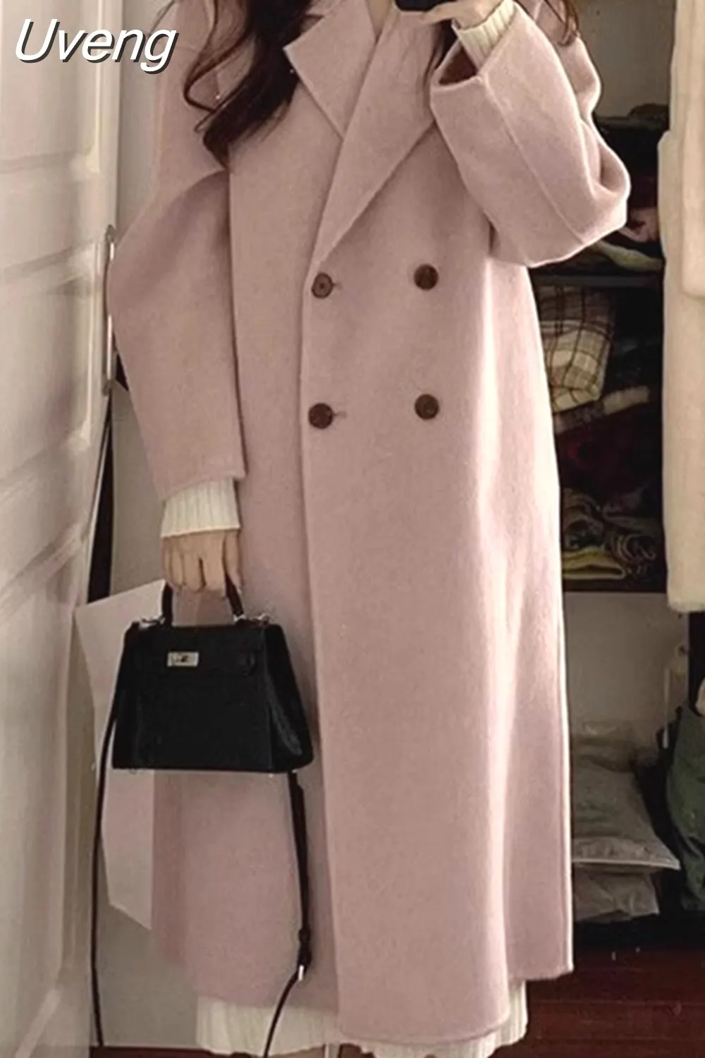 Uveng Woolen Coat Women Korean Fashion Lapel Jackets Female Vintage Double Breasted Overcoat Ladies Autumn Winter Loose Outerwear