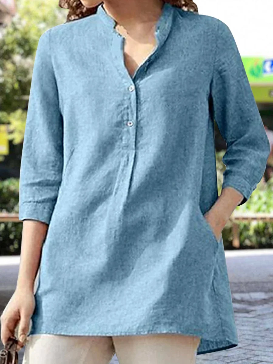 Solid Color Round Neck Mid-length Sleeve Top