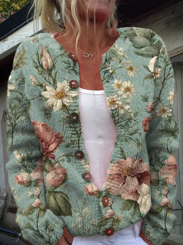 Green Retro Flowers Print Buttoned Cardigan Sweater