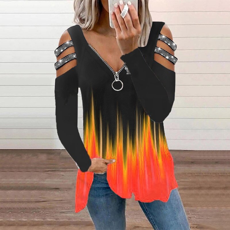 Hot Diamond Gradient Print Off Shoulder V Neck T-Shirt