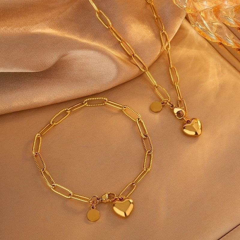Retro Classic Style Paper Clip Heart Shape 304 Stainless Steel 18K Gold Plated Bracelets Necklace Jewelry Set