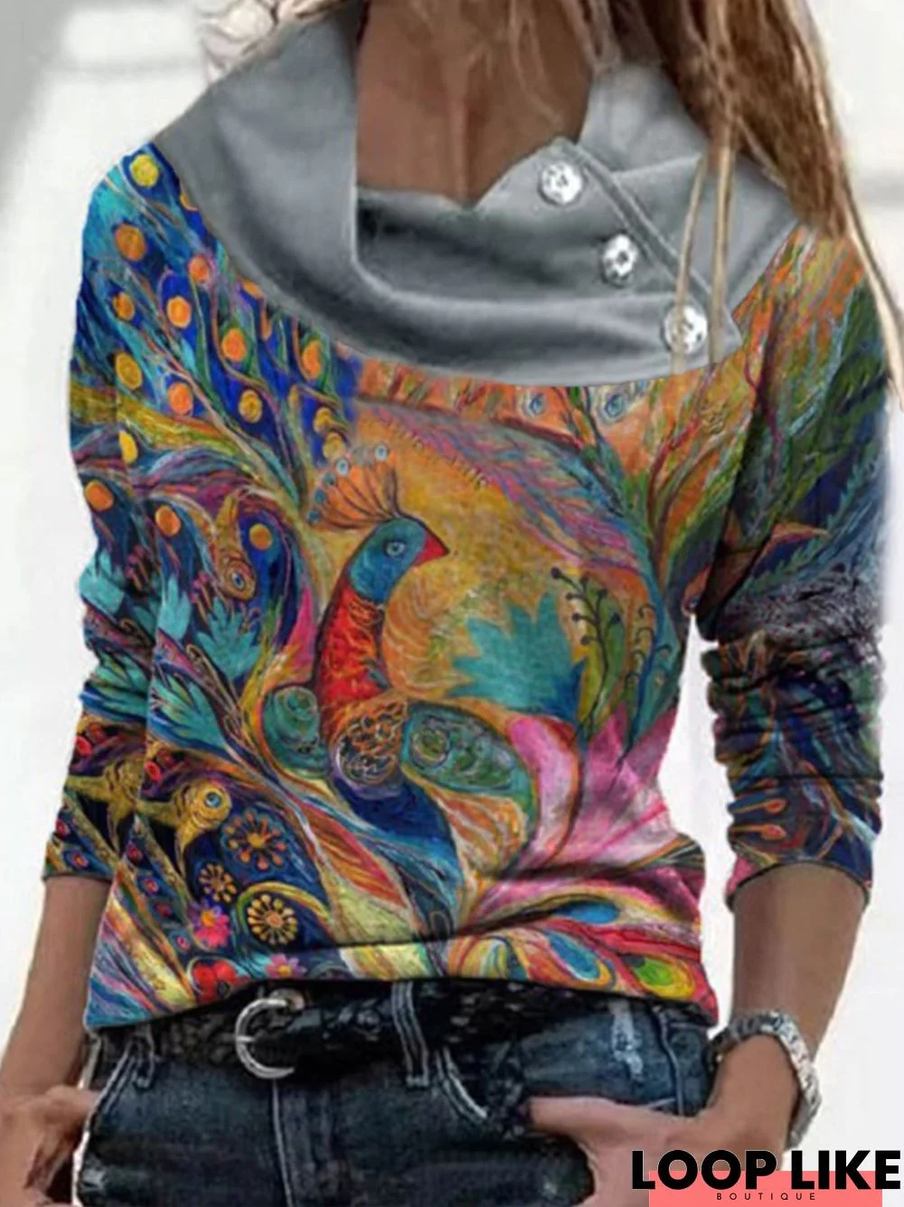 Vintage Multicolor Peacock Printed Long Sleeve Cowl Neck Casual Top