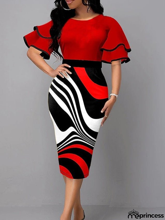 Work Dress Sheath Dress Semi Formal Dress Fashion Flared Sleeve Midi Dress Ruffle Print Crew Neck Half Sleeve Color Block Sunflower Slim White Red Summer Spring S M L XL XXL for Women