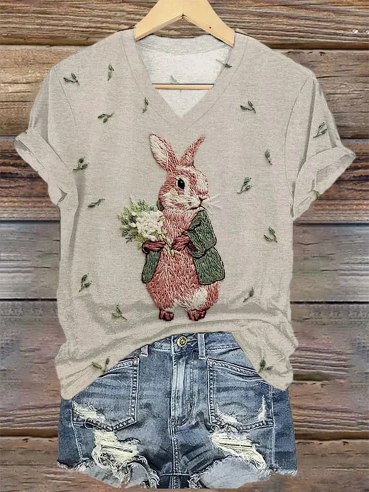 VChics Women's Cute Rabbit Embroidery Graphic Print Casual V-neck T-shirt
