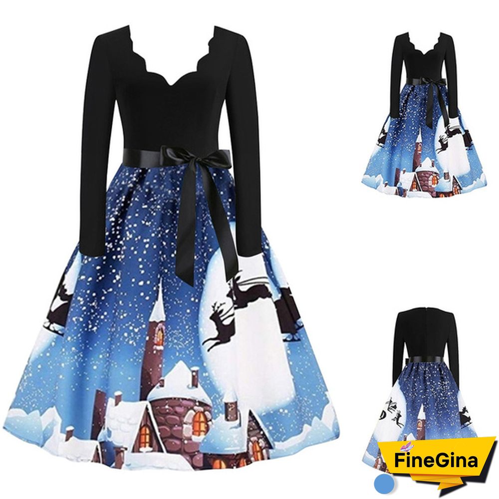 Womens Fashion Casual Dress Lace V Neck Christmas Deer Musical Notes Cat Print Santa Cluas Snowflake Dress Christmas Dress Print Vintage Flare Dress Bowknot High Waist Swing Dress