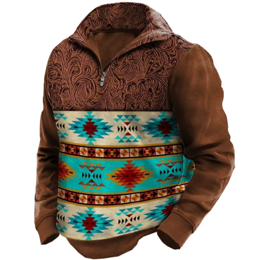 Men's Outdoor Ethnic Print Zip Polo Collar Sweatshirt
