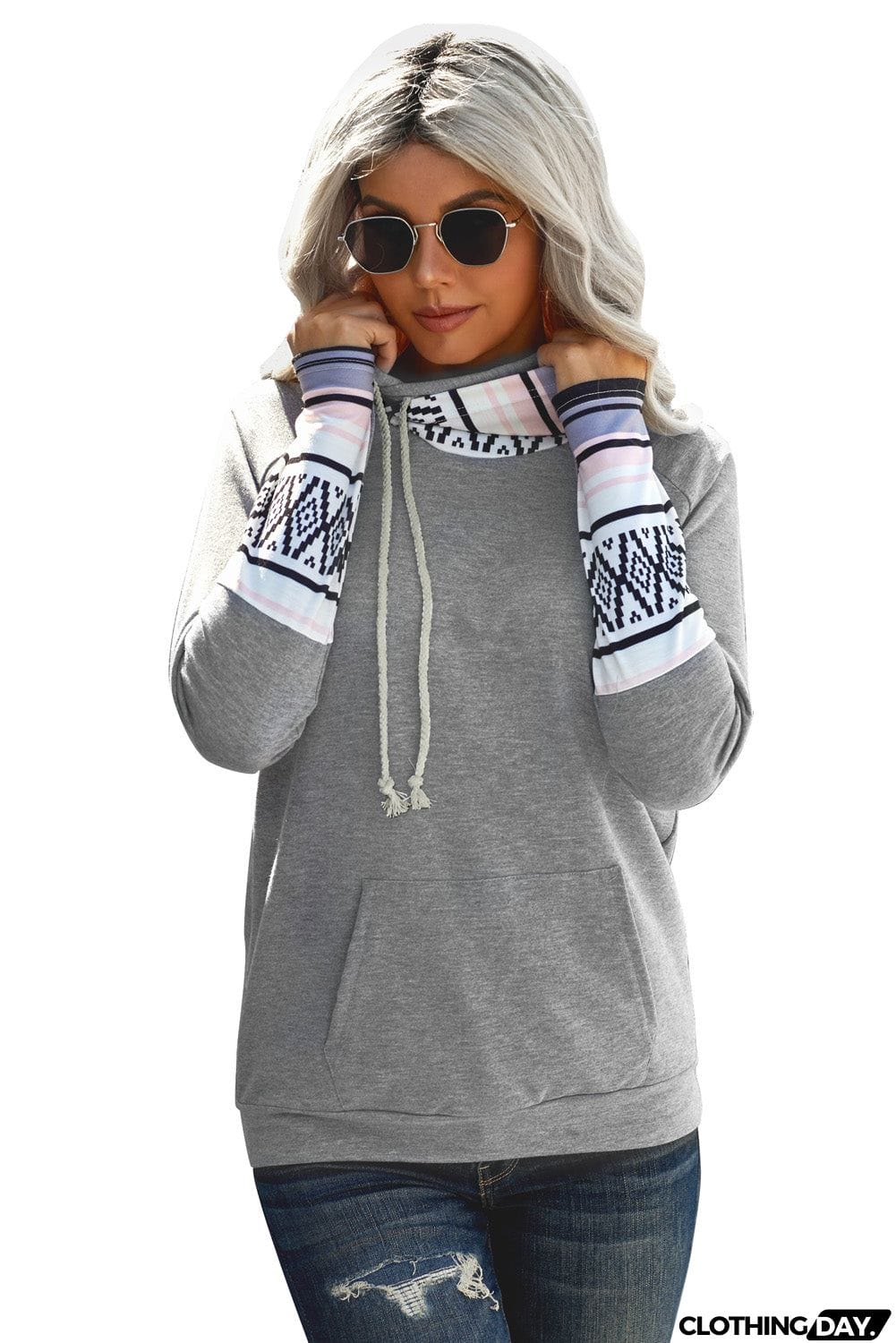 Plaid Double Hoods Thumb Hole Hoodie