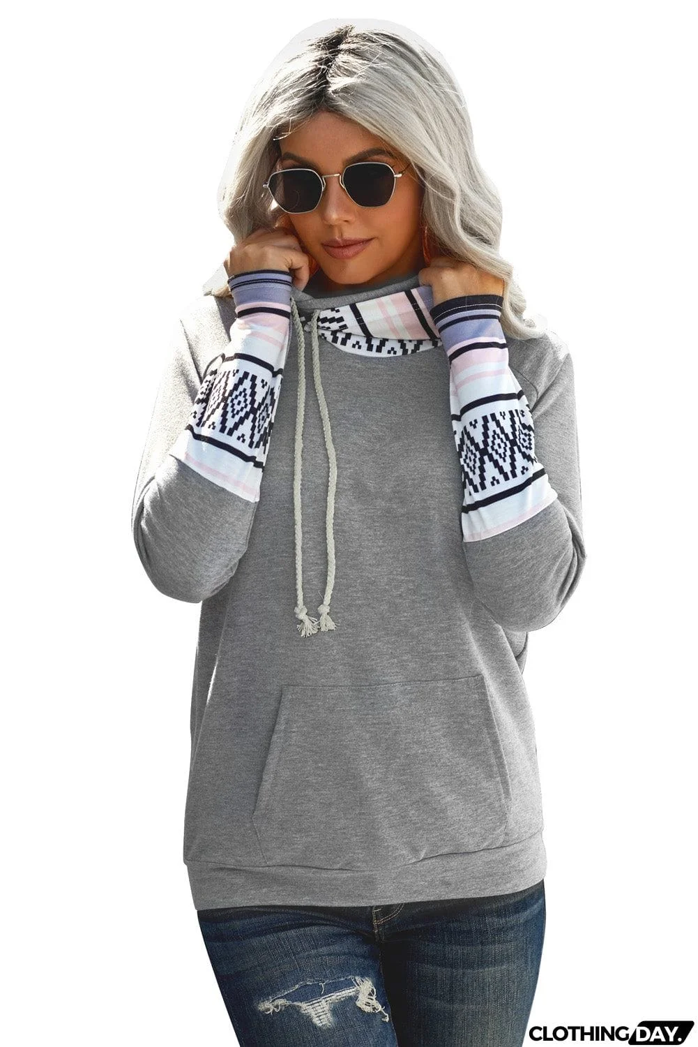 Plaid Double Hoods Thumb Hole Hoodie