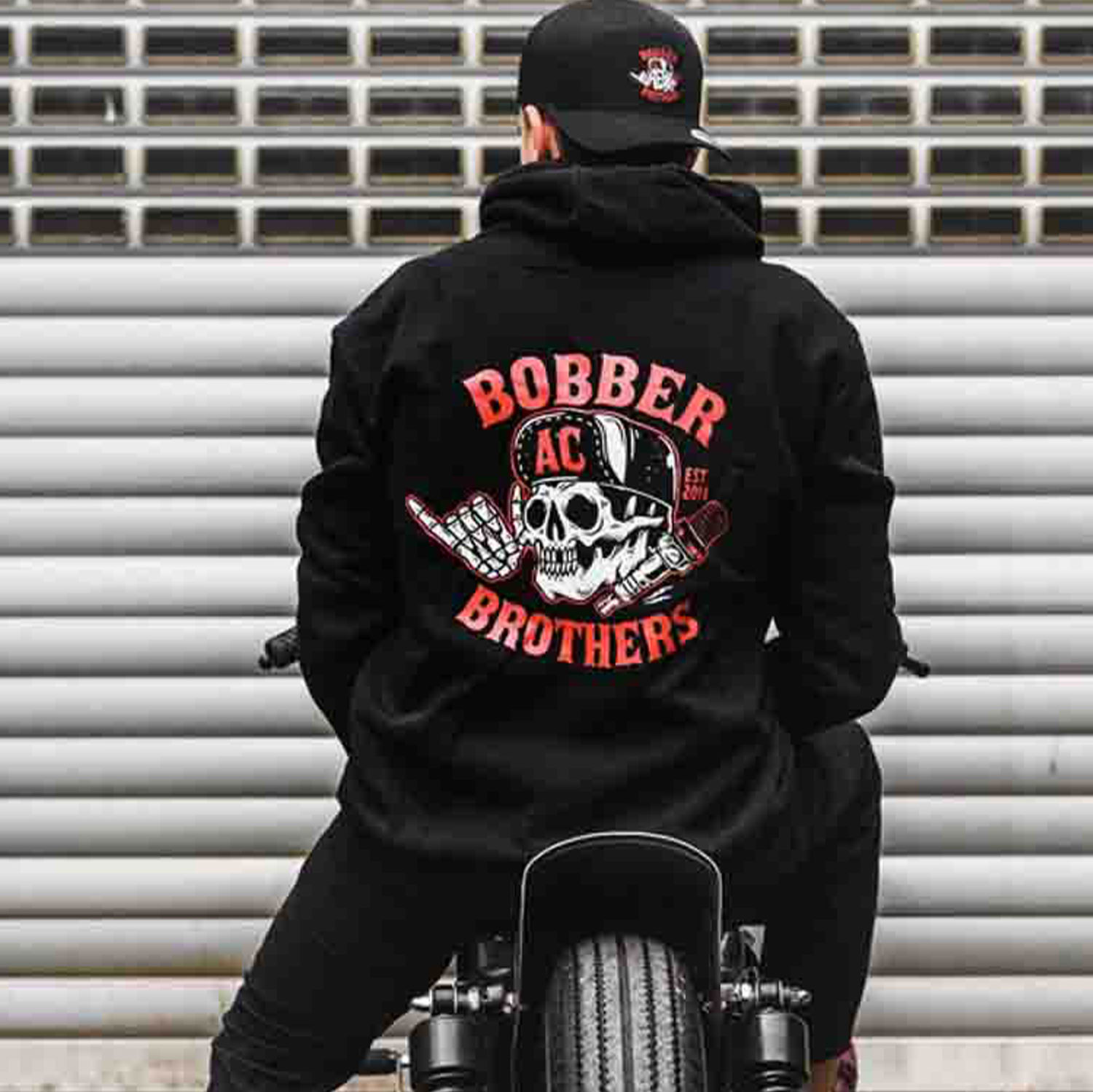 BOBBER BROTHERS Skull with Helmet Graphic Black Print Hoodie