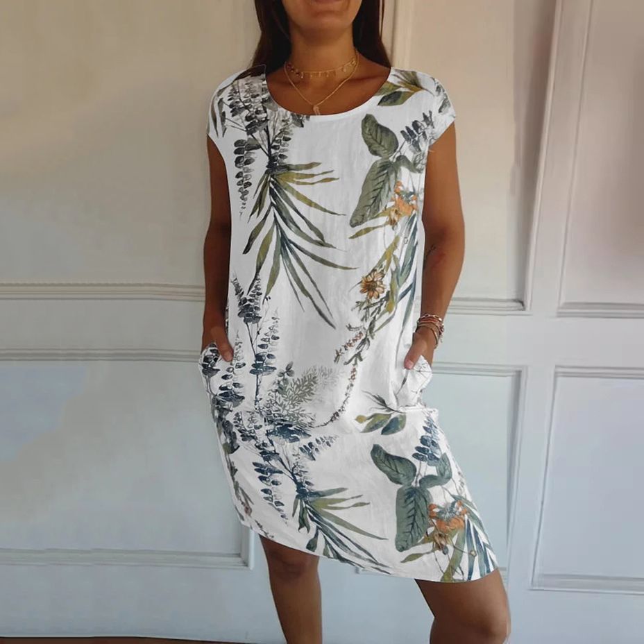 Fashionable Plant Cotton And Linen Round Neck Women'S Dress artswardrobe