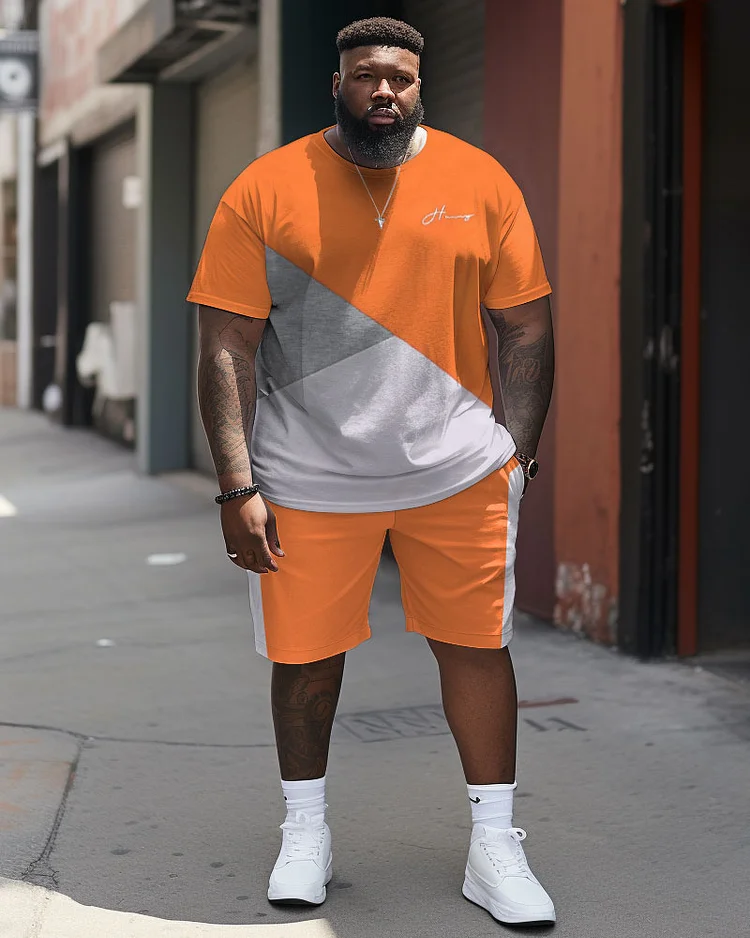 Men's Large Size Color-blocked Patchwork T-shirt & Shorts Two-piece Set