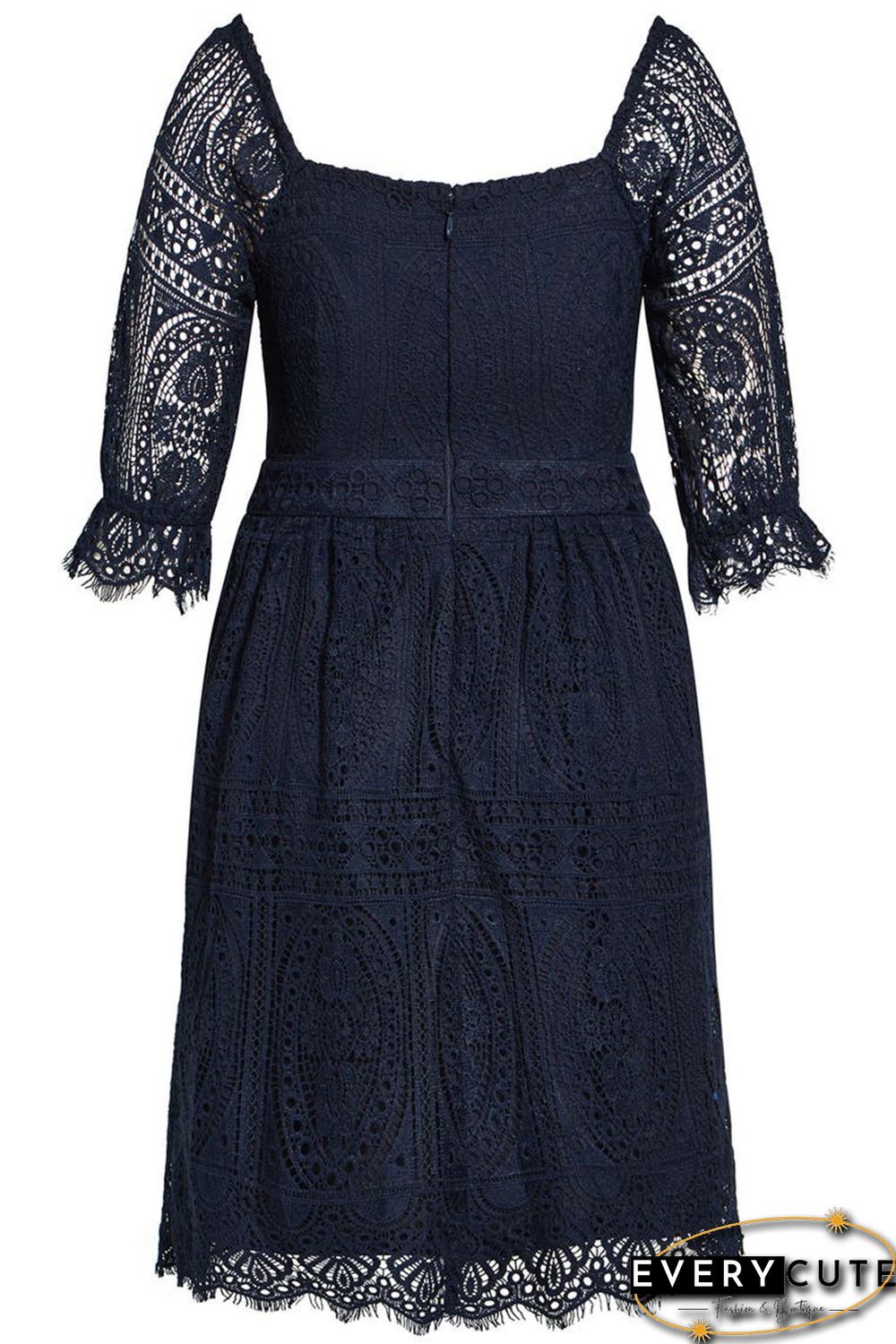 Black Eyelash Lace Square Neck Plus Size Dress