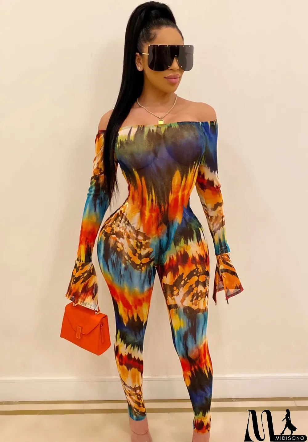 MidiSono - Spring Sexy Printed Off Shoulder Flare Long Sleeve Slim Jumpsuit
