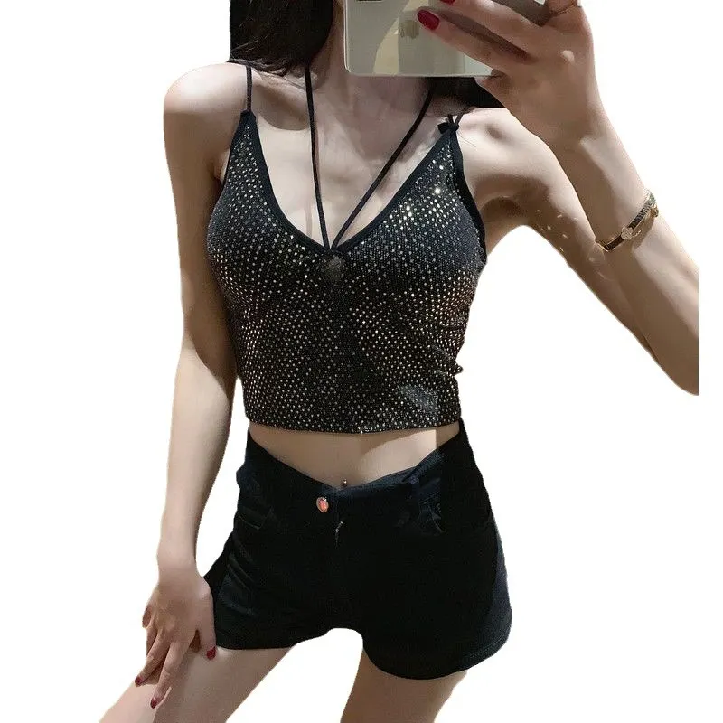 Uveng Uveng Summer Short Sling Dress Slit Women's Small Vest Club Sexy Cross-Back Neck Net Live