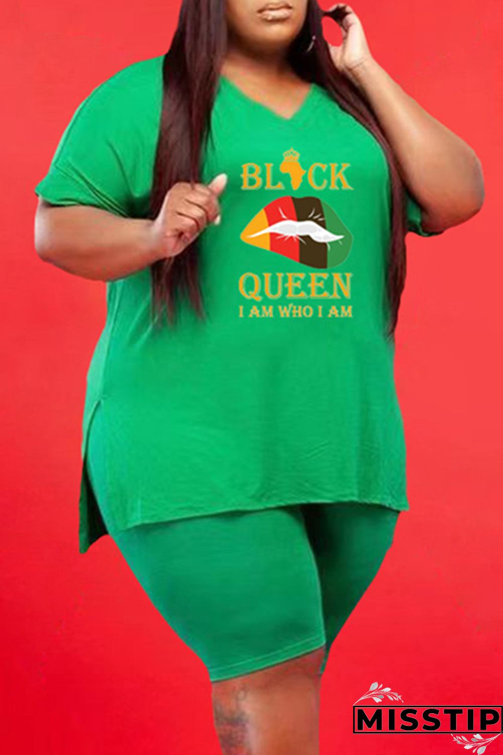 Green Fashion Casual Letter Print Slit V Neck Plus Size Two Pieces