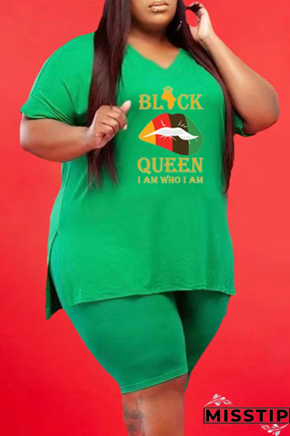 Green Fashion Casual Letter Print Slit V Neck Plus Size Two Pieces