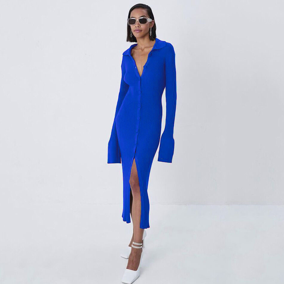 Vollexa fancy dress code Women's Dress Long Sleeve Bodycon Knitted Maxi Sweater Lady Elegant Long Dresses Female Turn Down Collar Midi Split Slim 2025