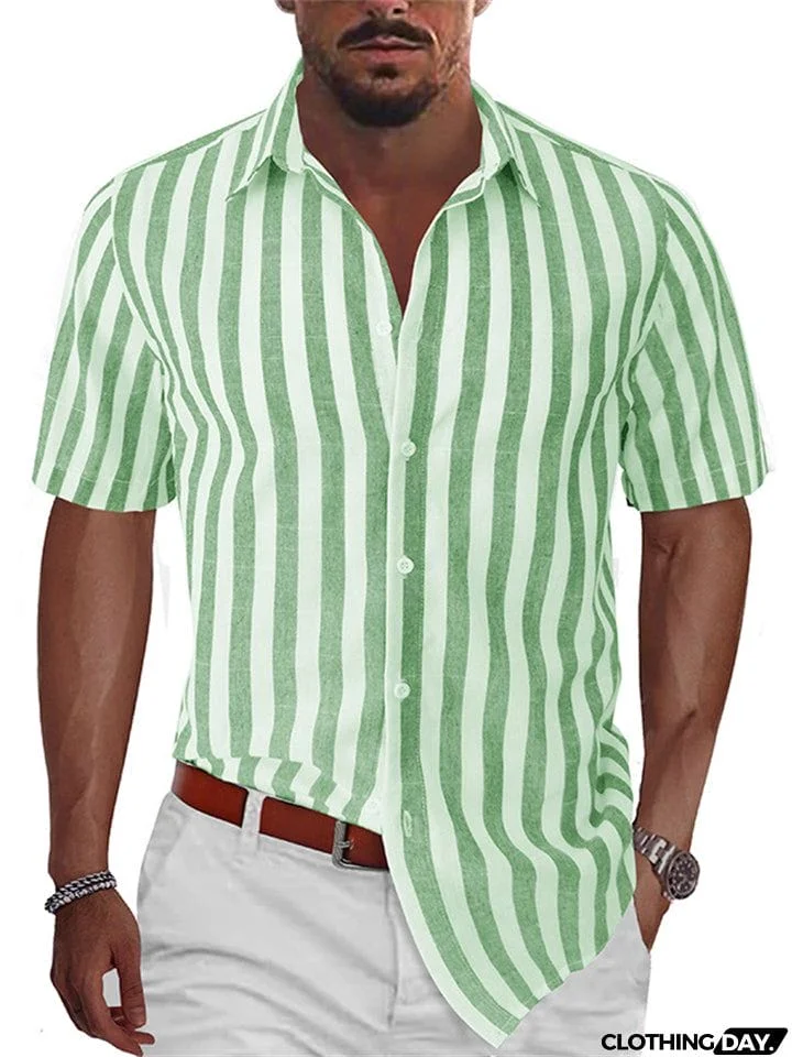 Men's Summer Classic Stripe Lapel Short Sleeve Button Beach Shirts
