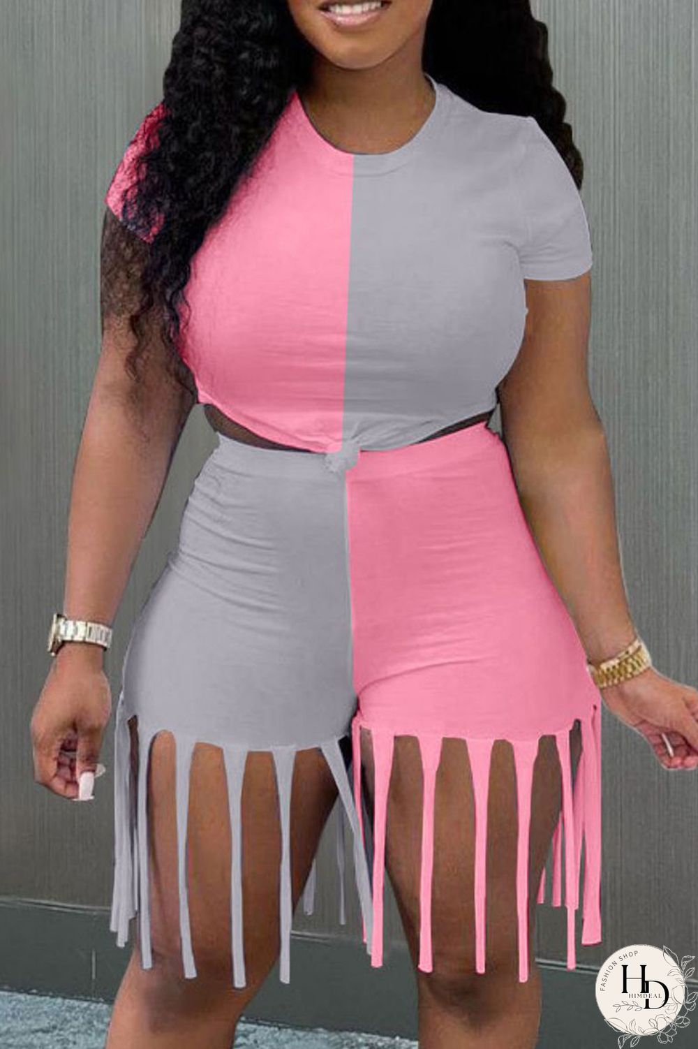 Yellow Blue Fashion Casual Patchwork Tassel O Neck Short Sleeve Two Pieces