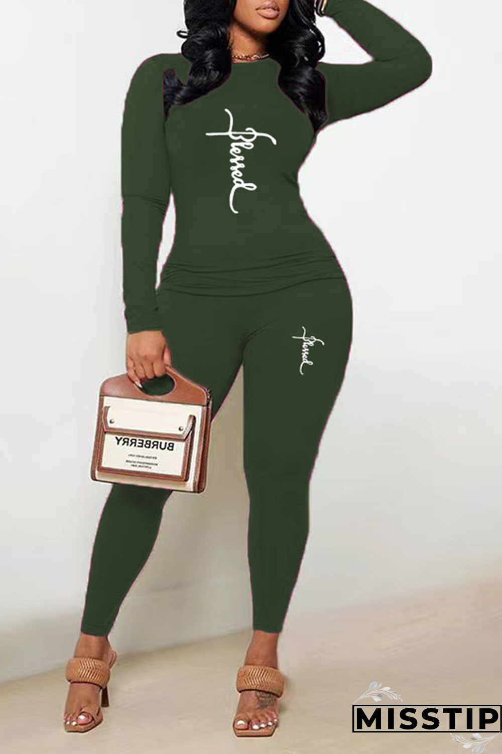 Black Street Print Patchwork O Neck Long Sleeve Two Pieces