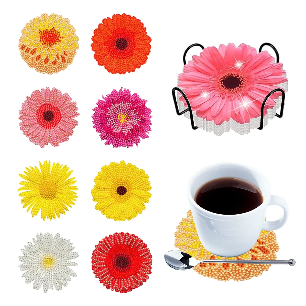 8pcs DIY Flower Diamond Crafts Coasters with Holder Acrylic DIY Coaster