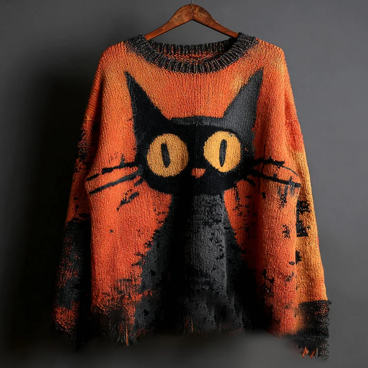 Halloween Black Cat Knit Sweatshirt