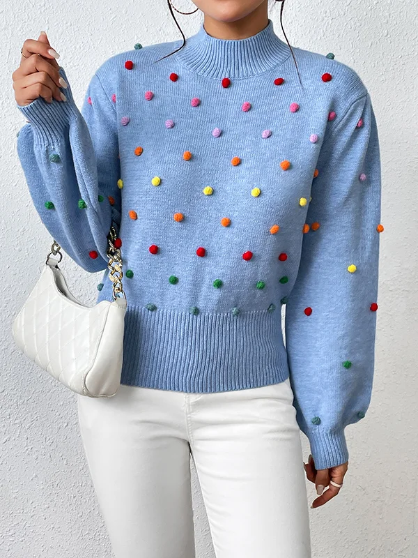 Pompom Triming Loose Long Sleeves Round-Neck Sweater Tops Pullovers Knitwear