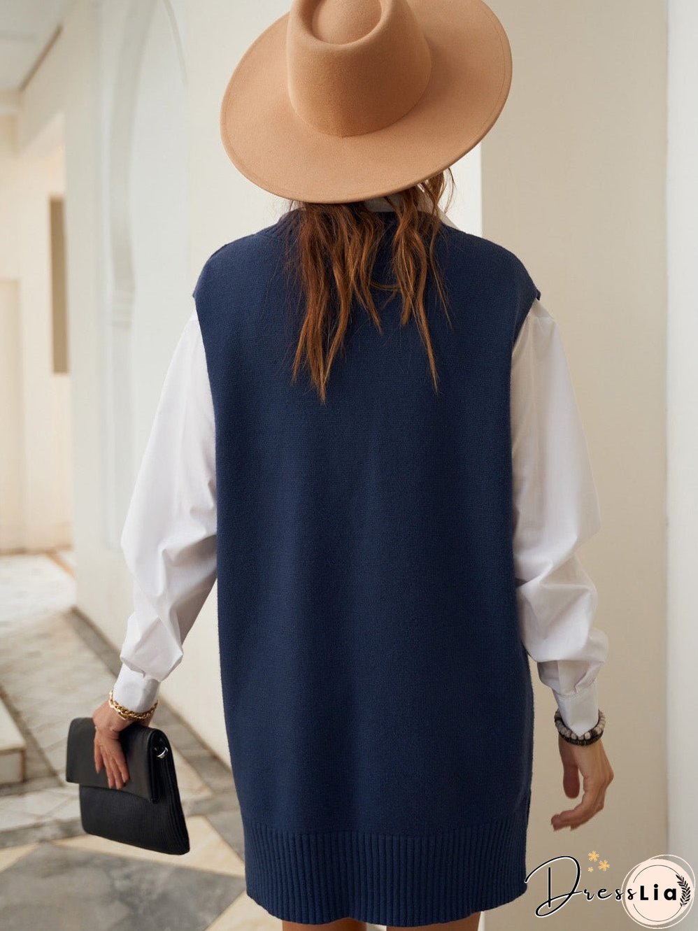 Navy Blue Ribbed Knitted Sleeveless Vest Sweater