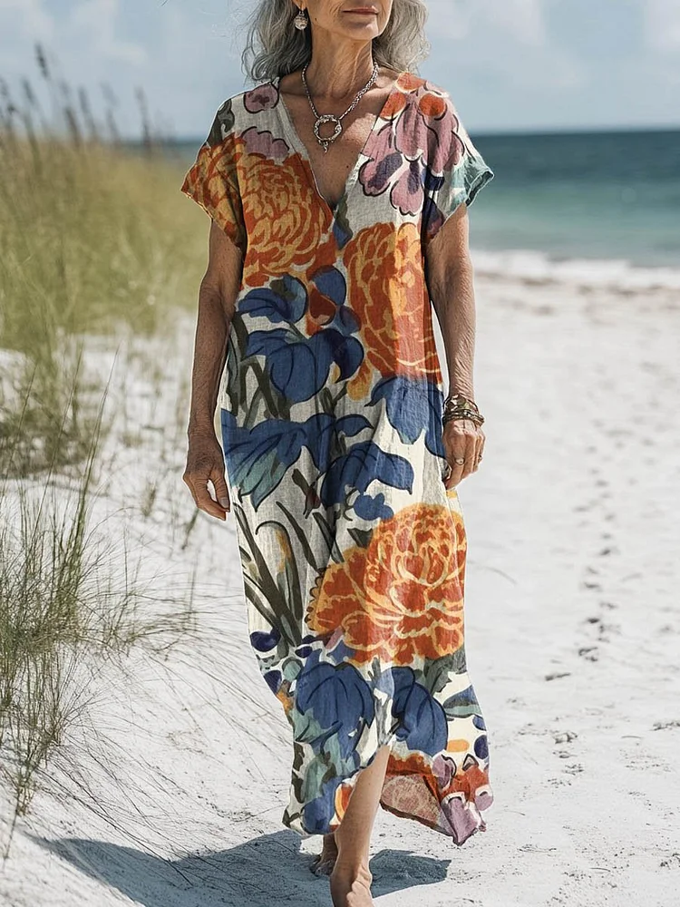 Women's Vintage Lovely Floral Art Print Pocket Cotton Dress