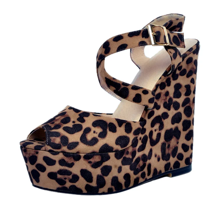 Women's Leopard Print Heels Peep Toe Platform Wedge Heel Sandals |FSJ Shoes