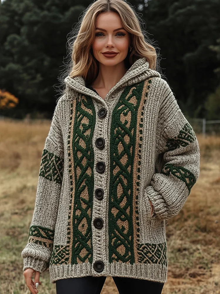 Women's Irish Celtic Jacquard Hooded Button Up Cardigan Sweater