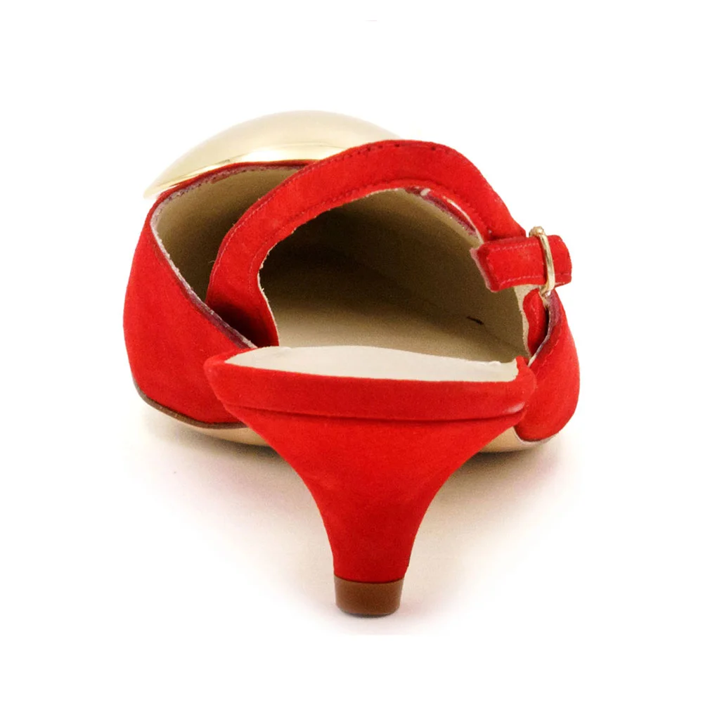 Pointed Toe Low Heel Buckled Slingback Red Pumps with Gold Detail