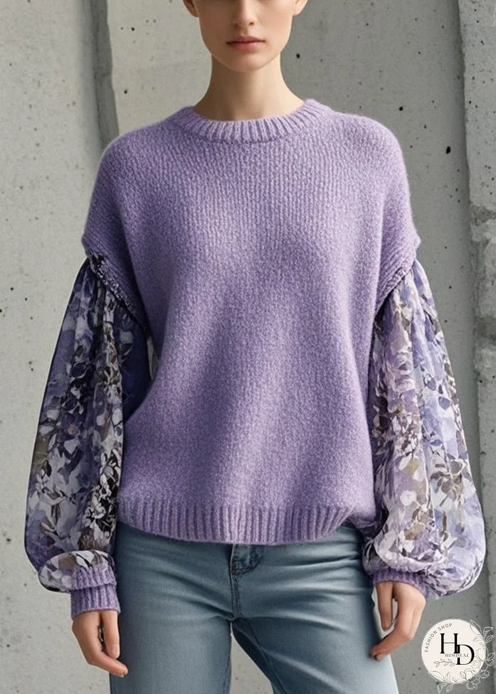 Style Lavender Oversized Patchwork Print Knit Top Fall