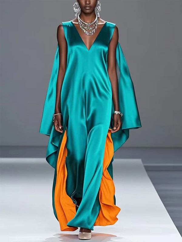 Blue V-neck Sleeveless Silk Colorblock Maxi Dress