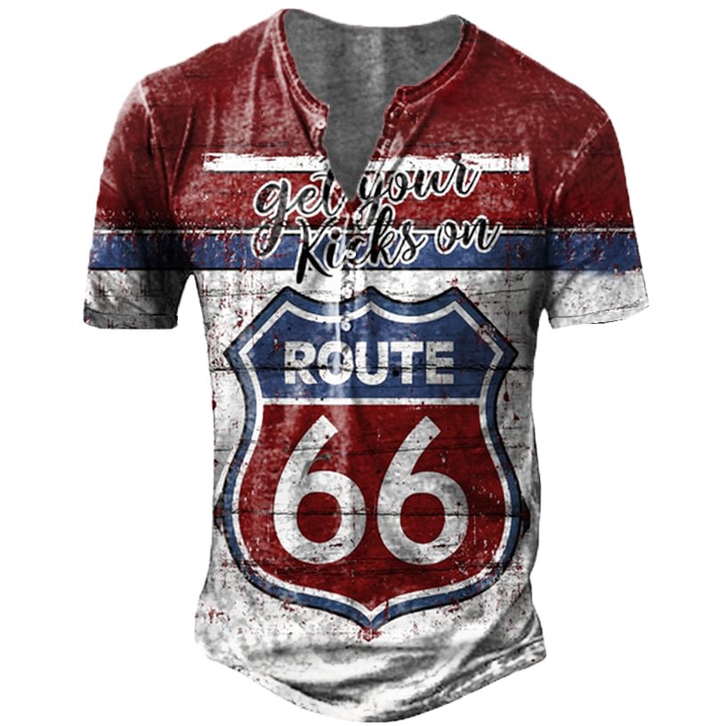 Men's Casual Vintage Route 66 Print Henley Collar T-Shirt-Compassnice®