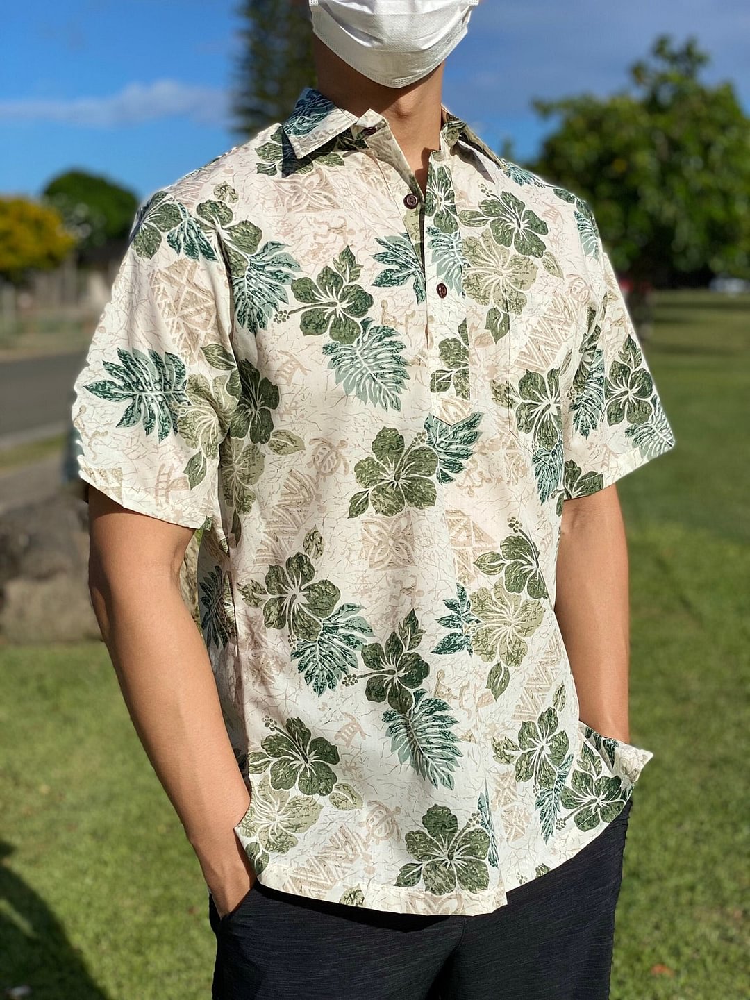 Hibiscus and Fern Pull Over Aloha Shirt