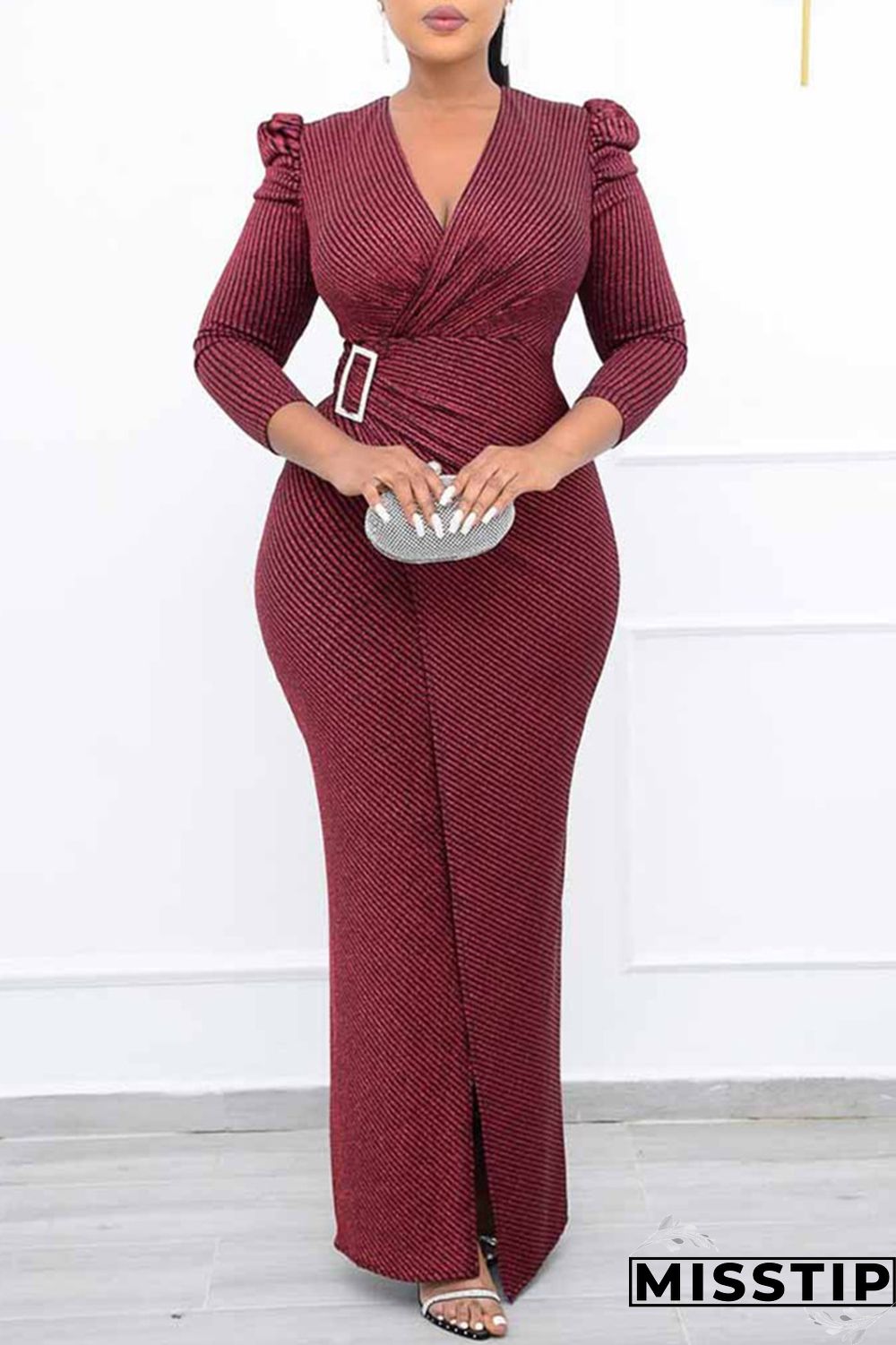 Grey Fashion Casual Solid Patchwork Slit V Neck Evening Dress