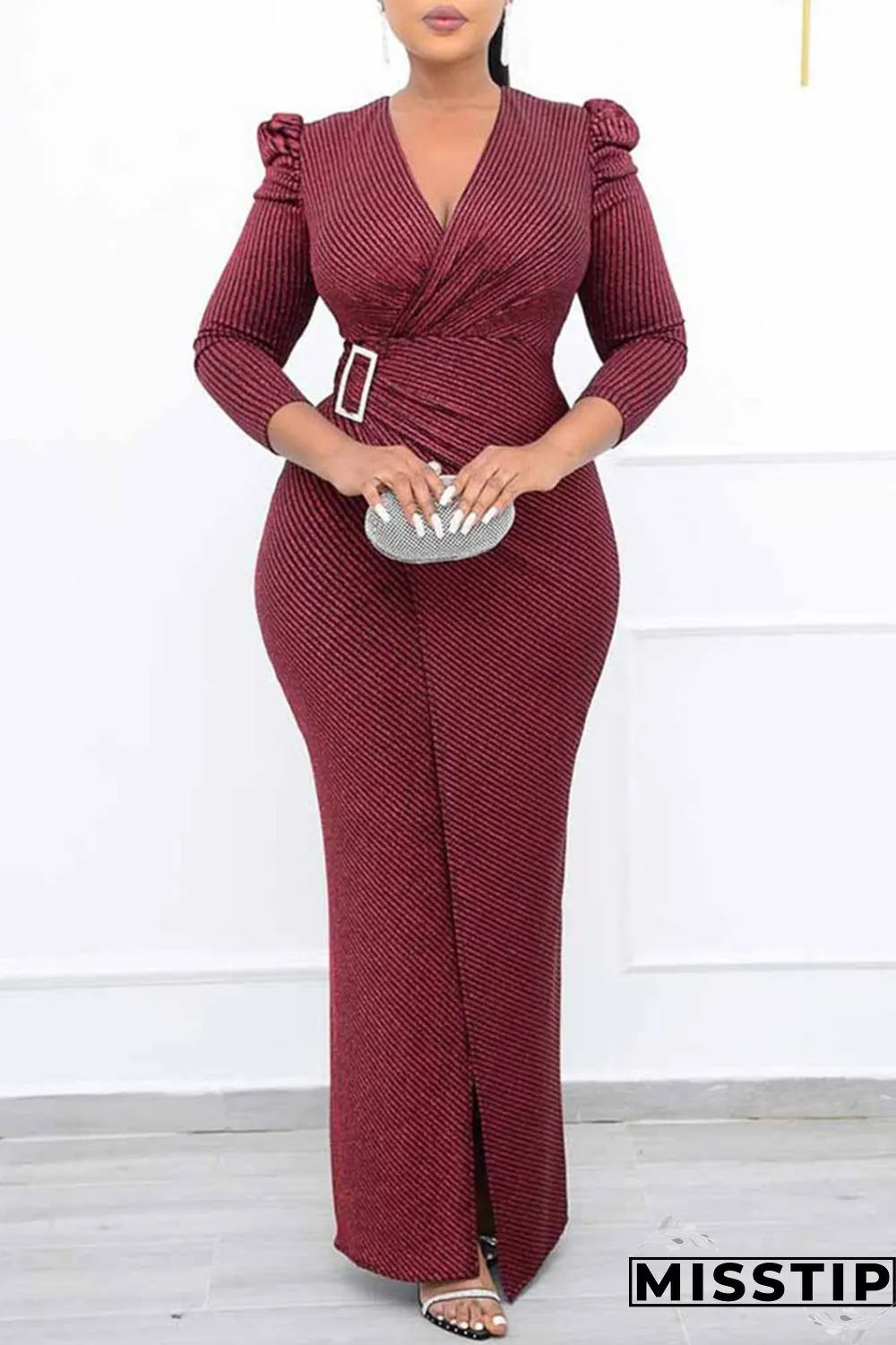 Grey Fashion Casual Solid Patchwork Slit V Neck Evening Dress