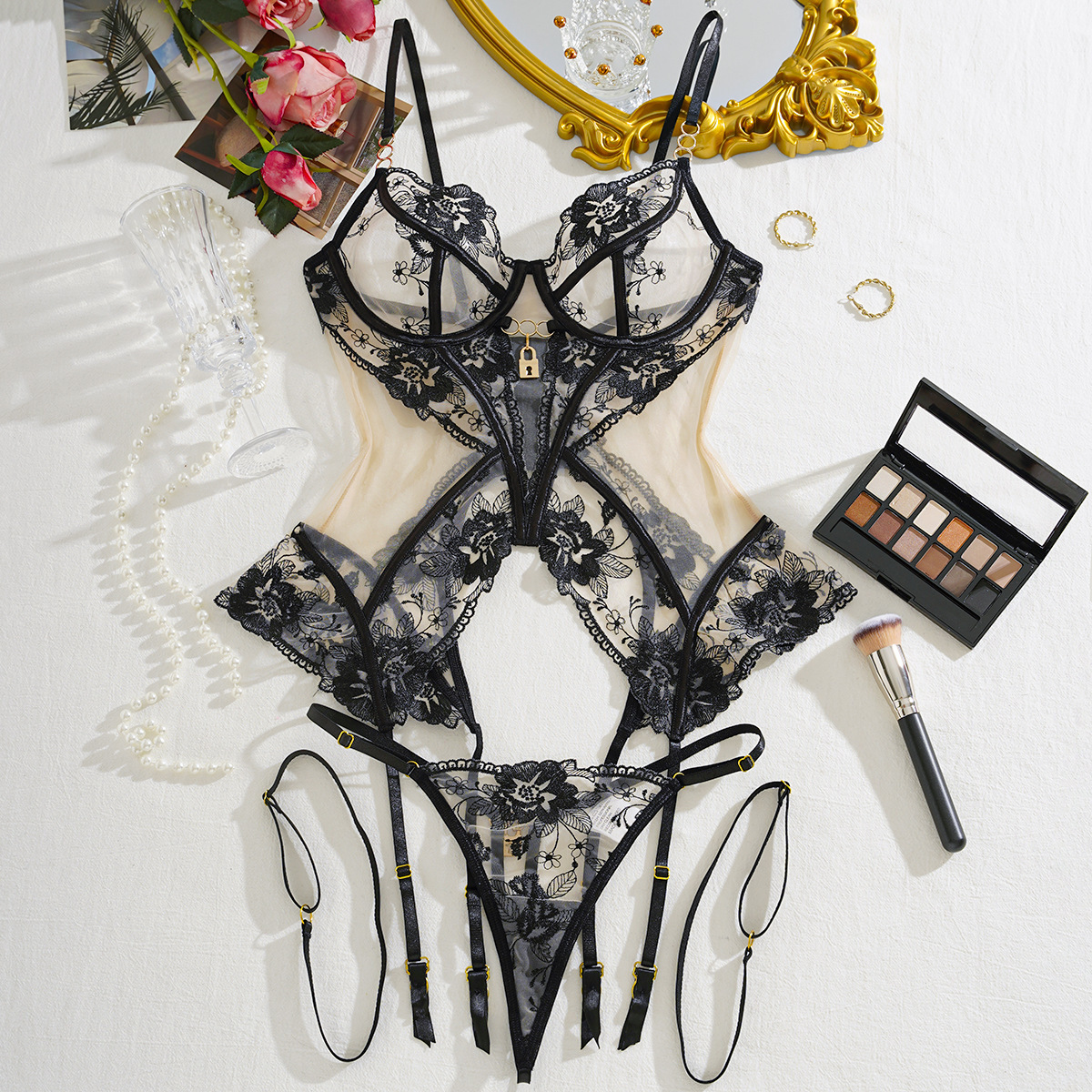 Lovingerie - See-through Embroidery Mesh Body Shaping Sexy Lingerie Set