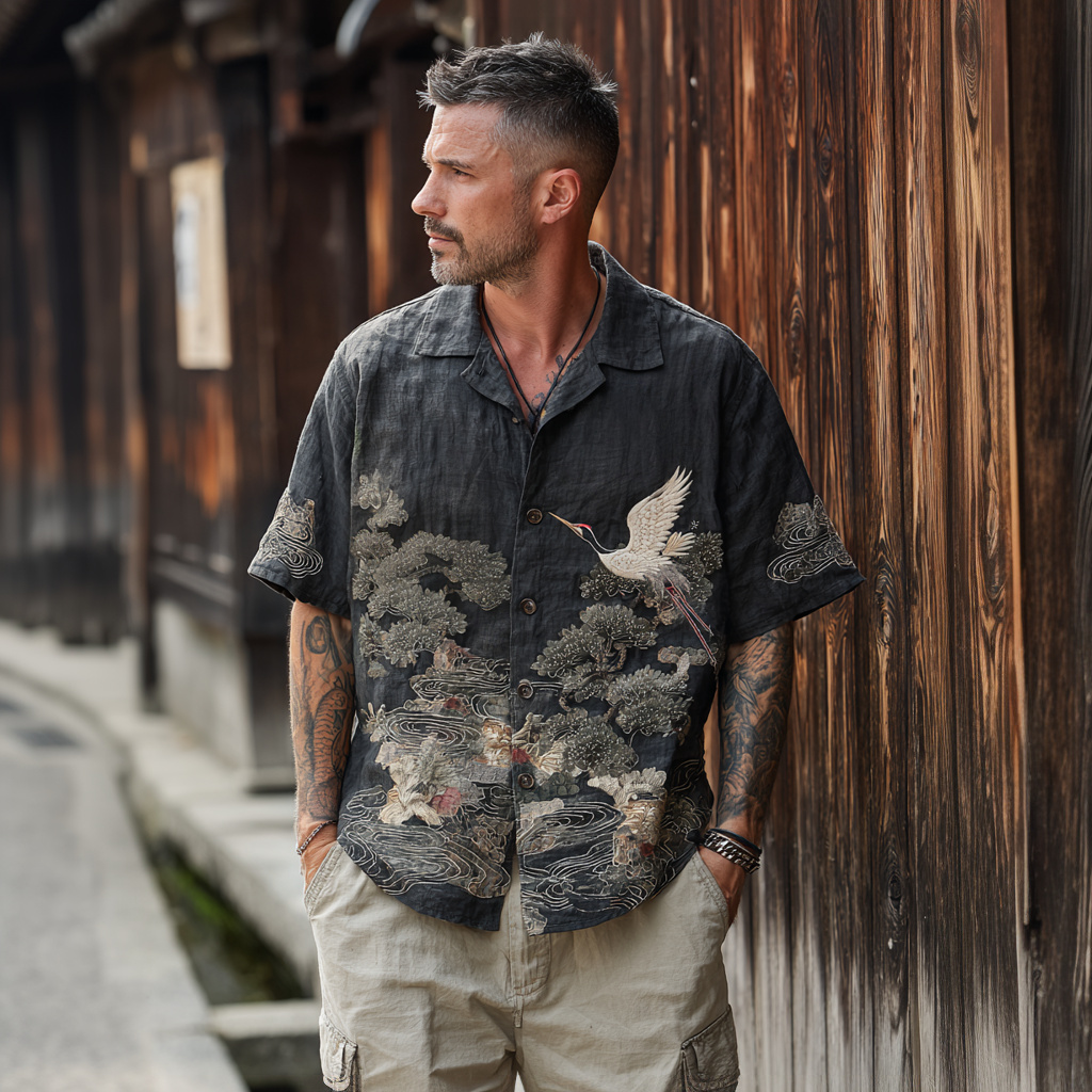 Men's Vintage Japanese Pine And Crane Embroidered Linen Shirt  artssus