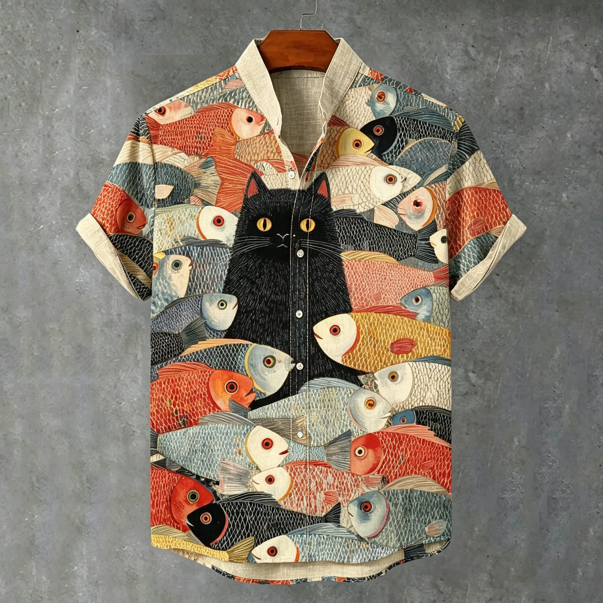 Men's Retro Artistic Cat And Fish Print Cotton Linen Short-sleeve Shirt  artssus