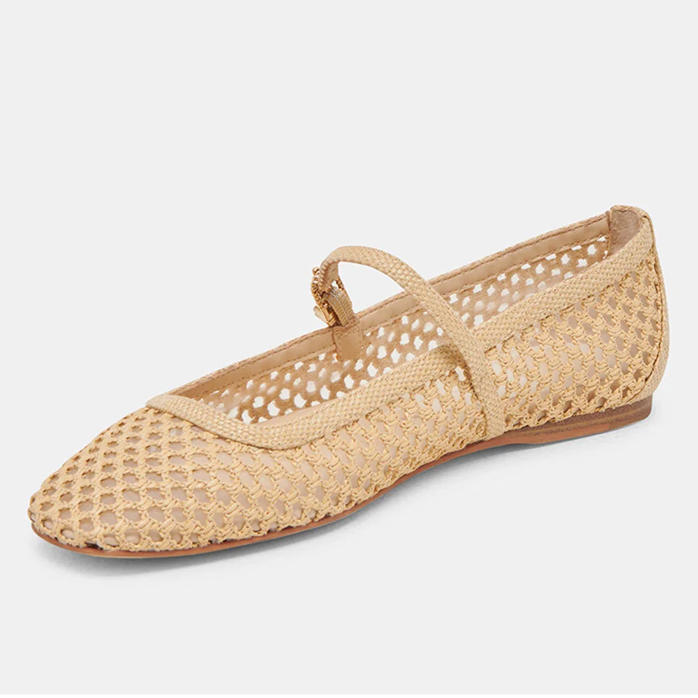 Beige Raffia Square Toe Woven Cut-Out Flat Shoes for Women