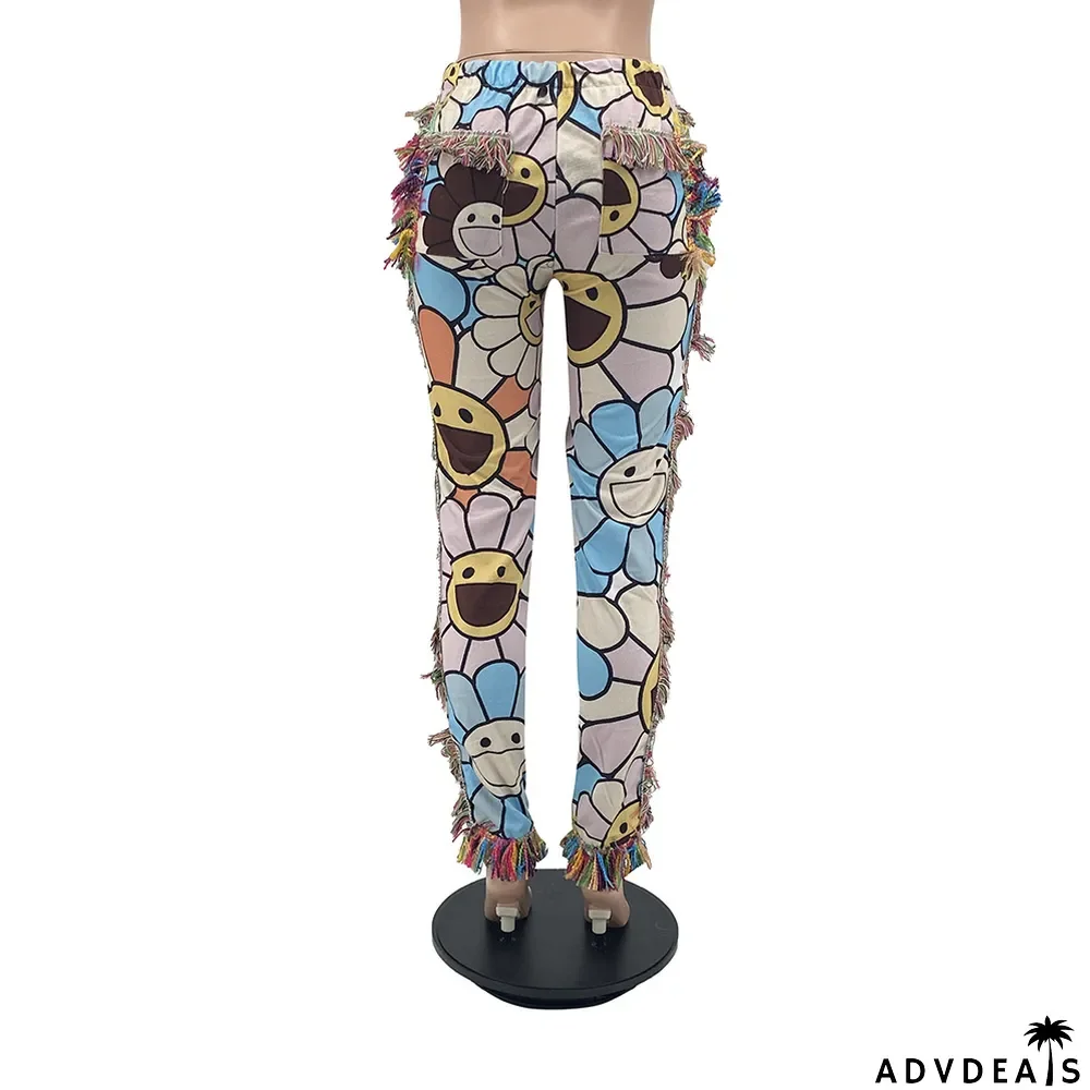 Casual Fashion Color Pattern Fringed Velvet Pants