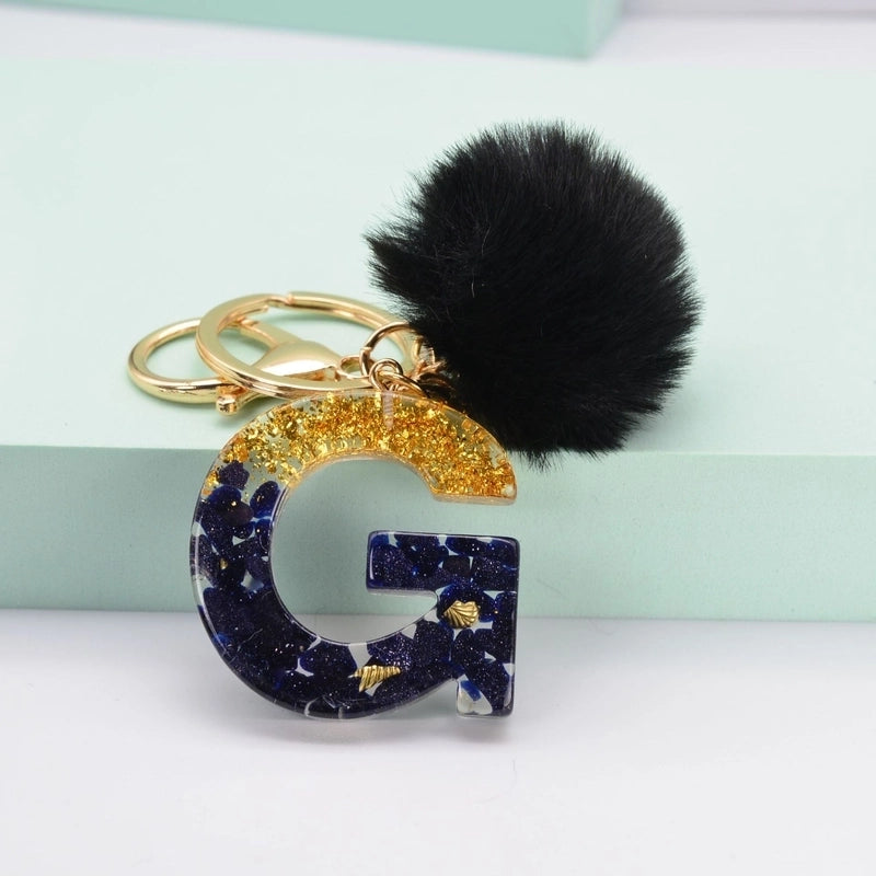 Retro Letter Alloy Plush Pom Poms Epoxy Bag Pendant Keychain 1 Piece