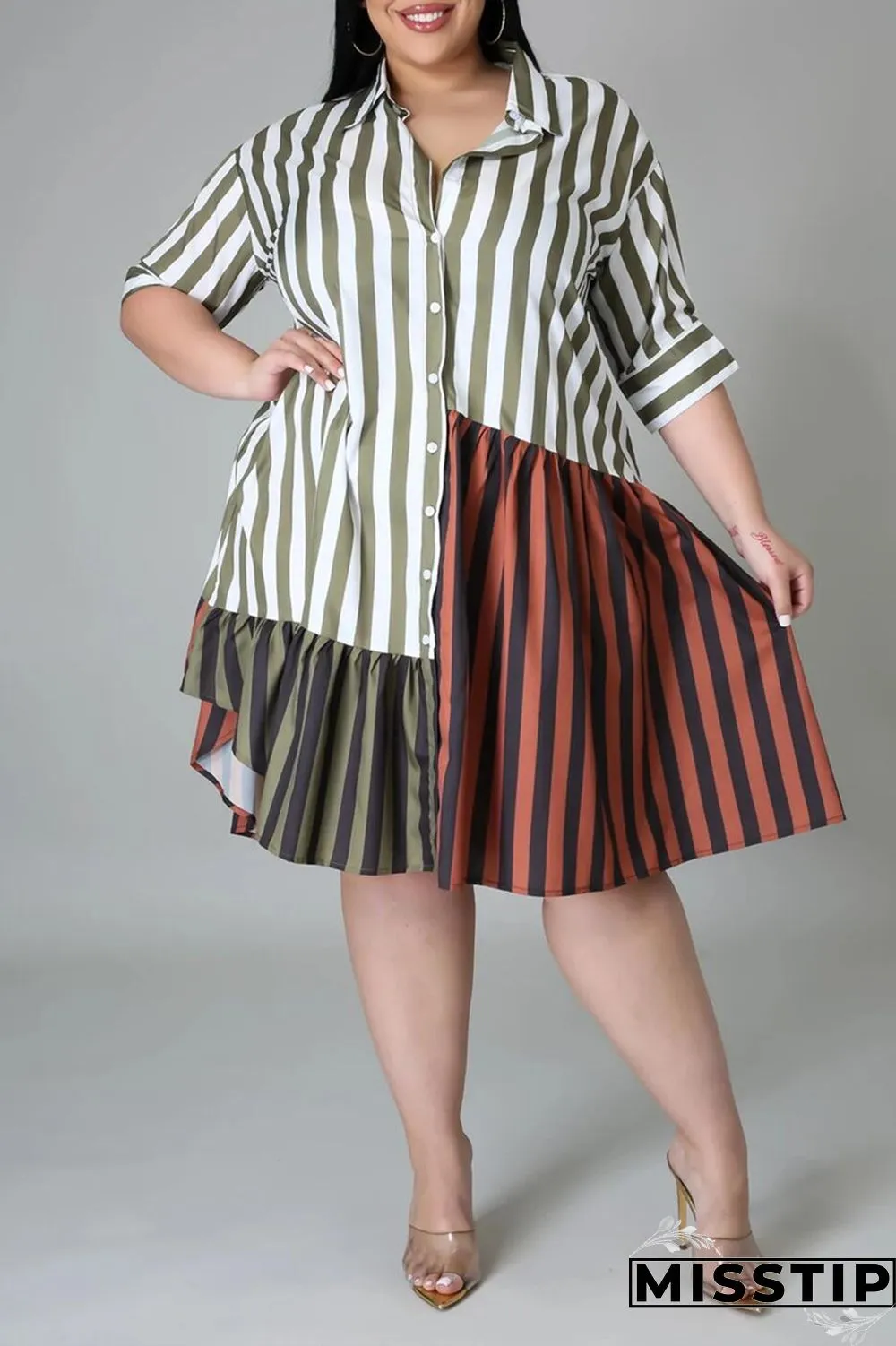 Brown Fashion Plus Size Striped Print Patchwork Turndown Collar Shirt Dress (Without Belt)