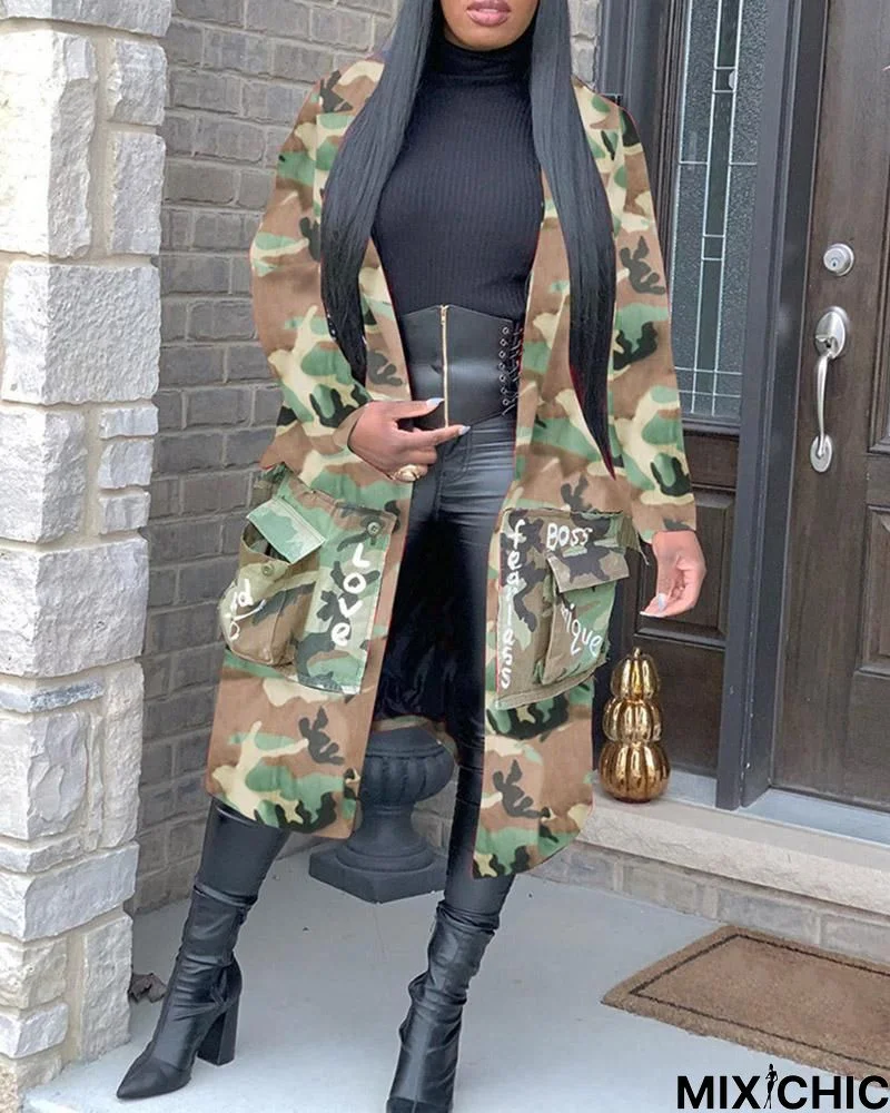 Letter Print Camouflage Pocket Design Long Line Coat