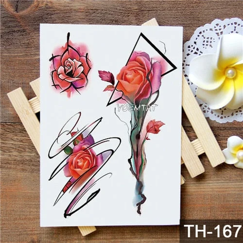 Waterproof Temporary Tattoo Stickers Rose Flowers Leaves Colorful Flash Tatto Sexy Arm Neck Body Art Fake Tattoos For Women Men
