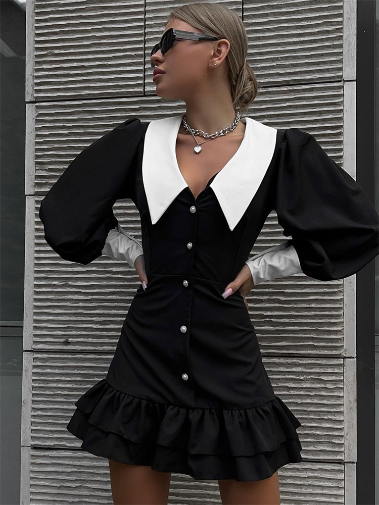 Ootddress Black Ruffled Patchwork Mini Dress For Women High Waist V-Neck Slim Fashion Elegant Party Dress Gown Women's Sexy Dress