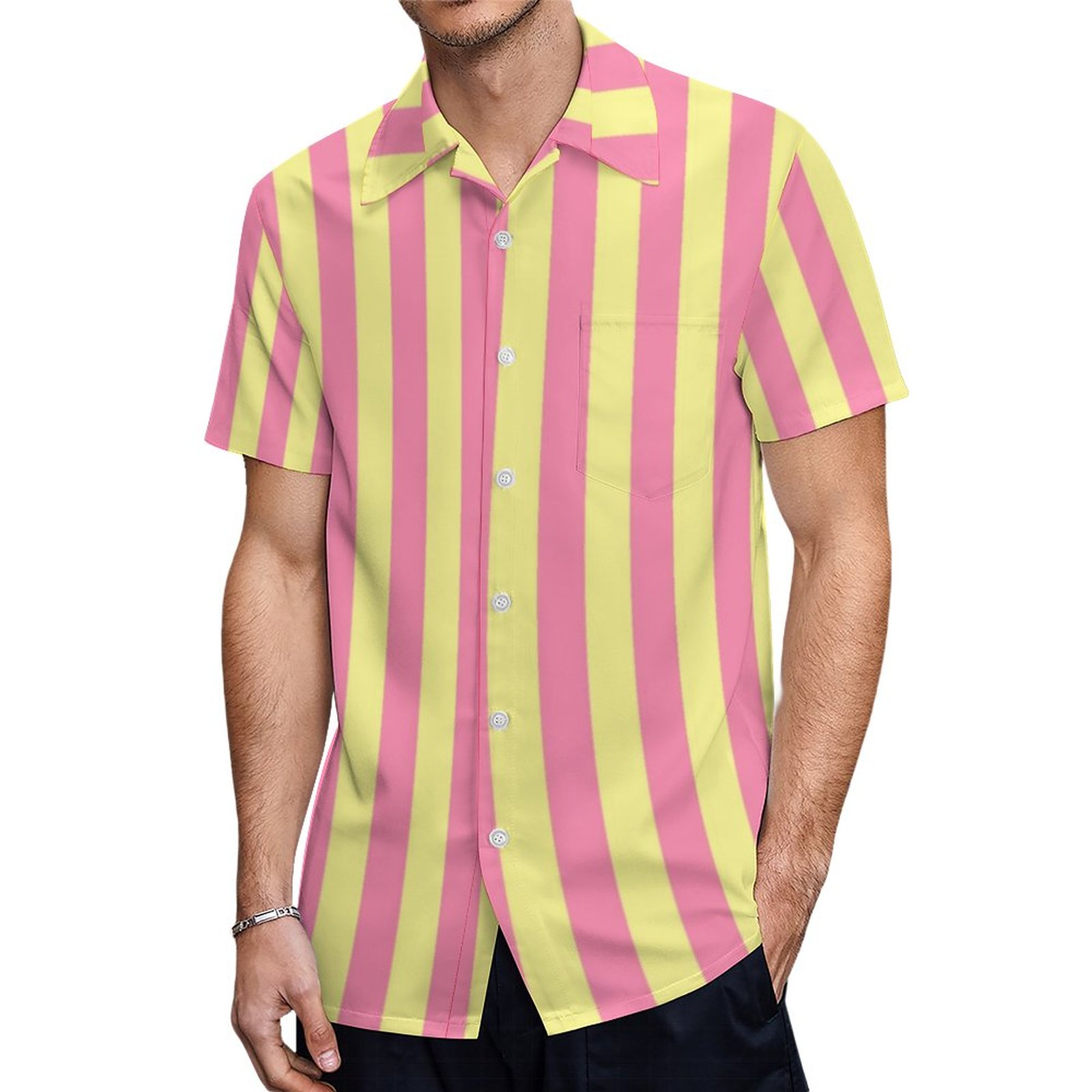 Vertical Soft Yellow And Pink Stripes Hawaiian Shirt Mens Button Down Plus Size Tropical Hawaii Beach Shirts